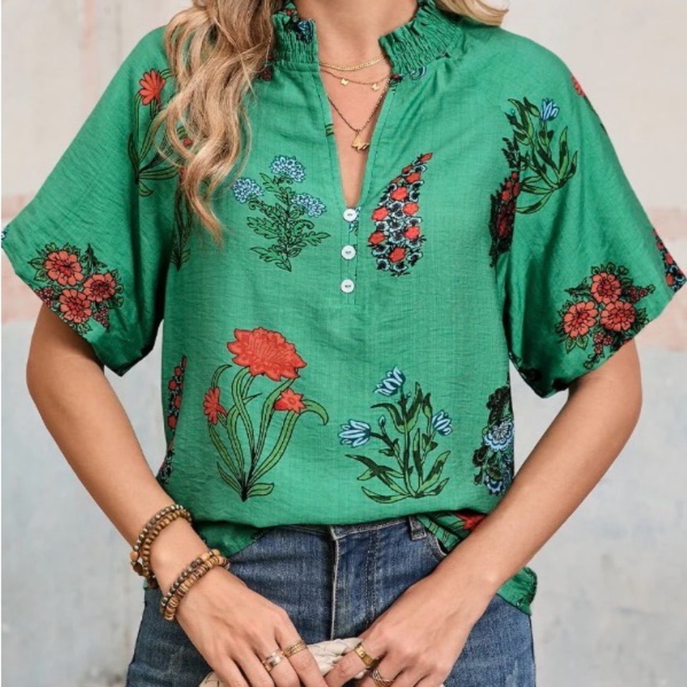 THML S Floral Smocked V-Neck Blouse - Green